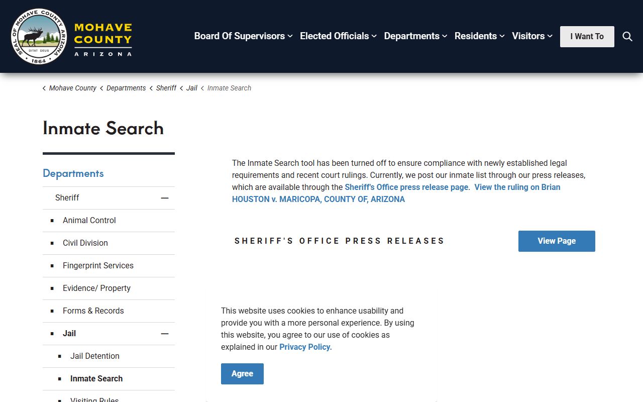Mohave County inmate search discontinued notice for jail roster lookup