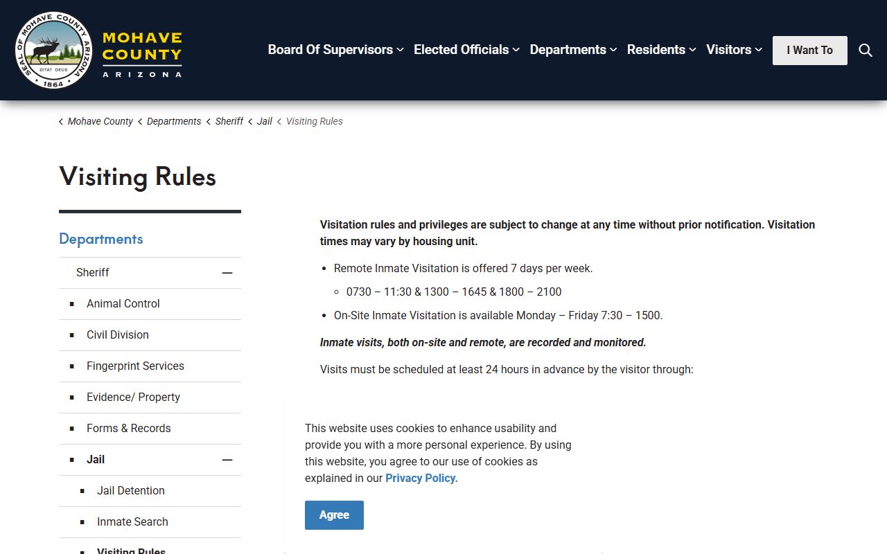 Mohave County inmate records jail visitation rules and NCIC scheduling